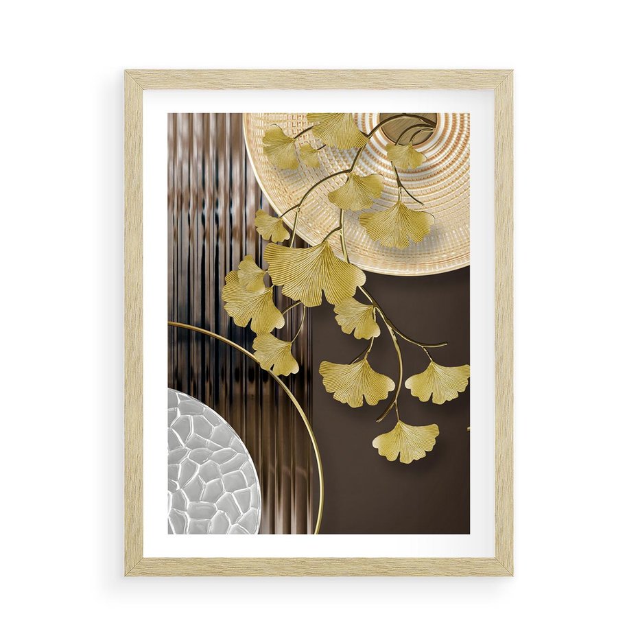 Plakat w ramie 50x70 - Magia Jesieni - złote, liście - rama drewno