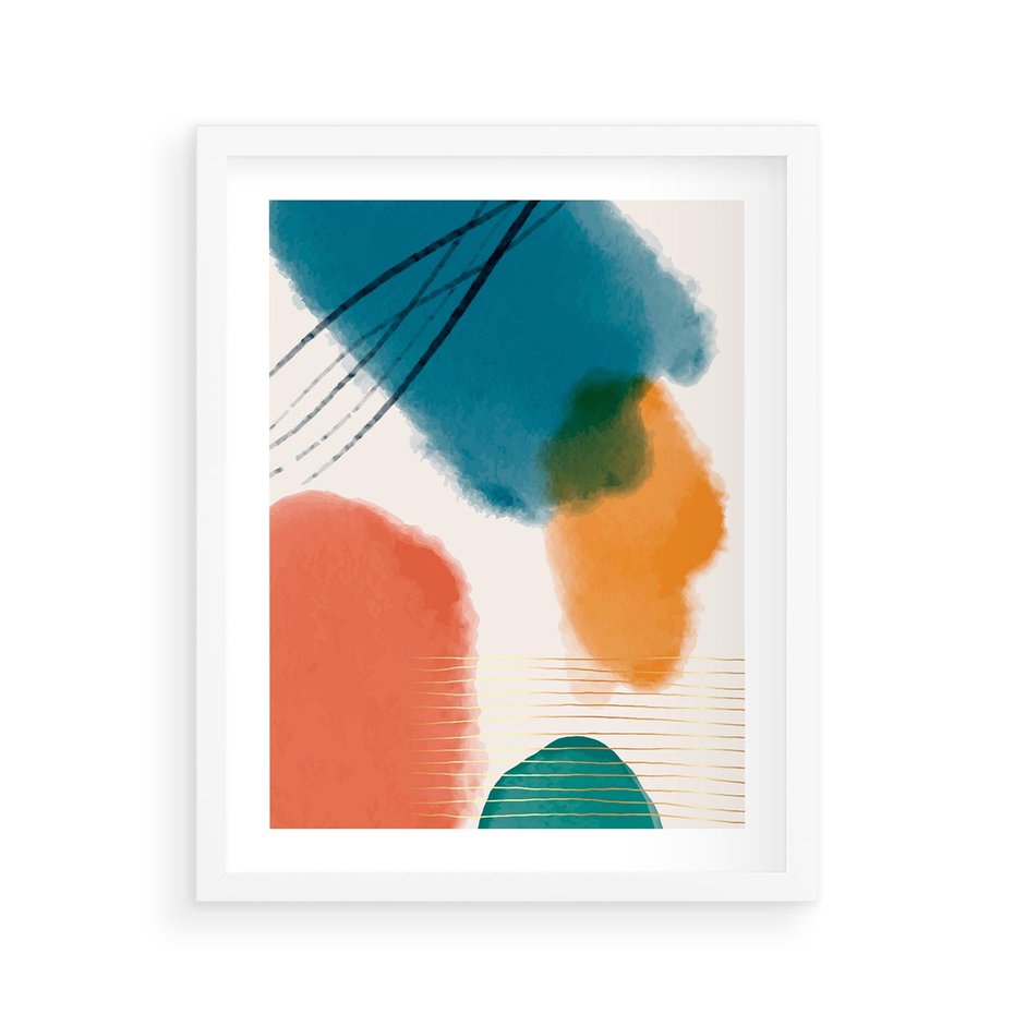 Plakat w ramie 40x50 - Migotliwe Pochwycenia - abstrakcyjne kolorowe plamy, akwarela - rama biała