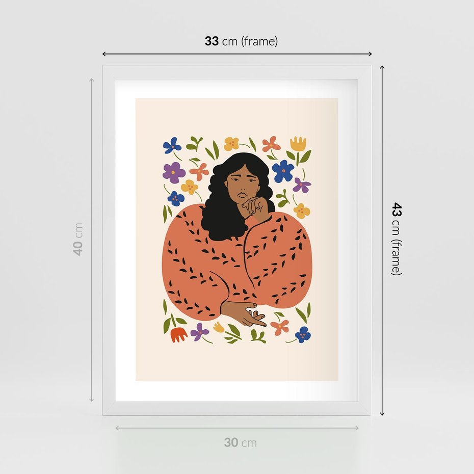 Plakat w ramie 30x40 - Rozplątane Emocje - nowoczesny plakat, kobieta otoczona kwiatami - rama biała