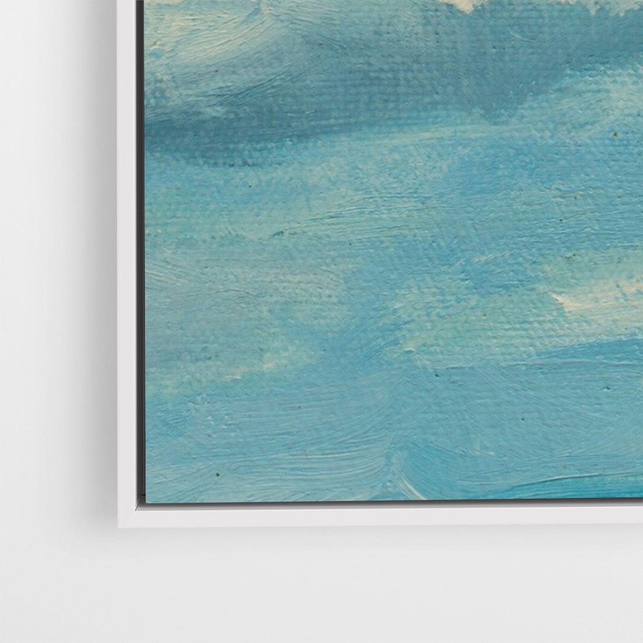 Obraz w ramie 50x70 - Oddechy niebiańskiej materii - olejny obraz, smugi farby przypominają obłoki na błękitnym niebie - rama biała