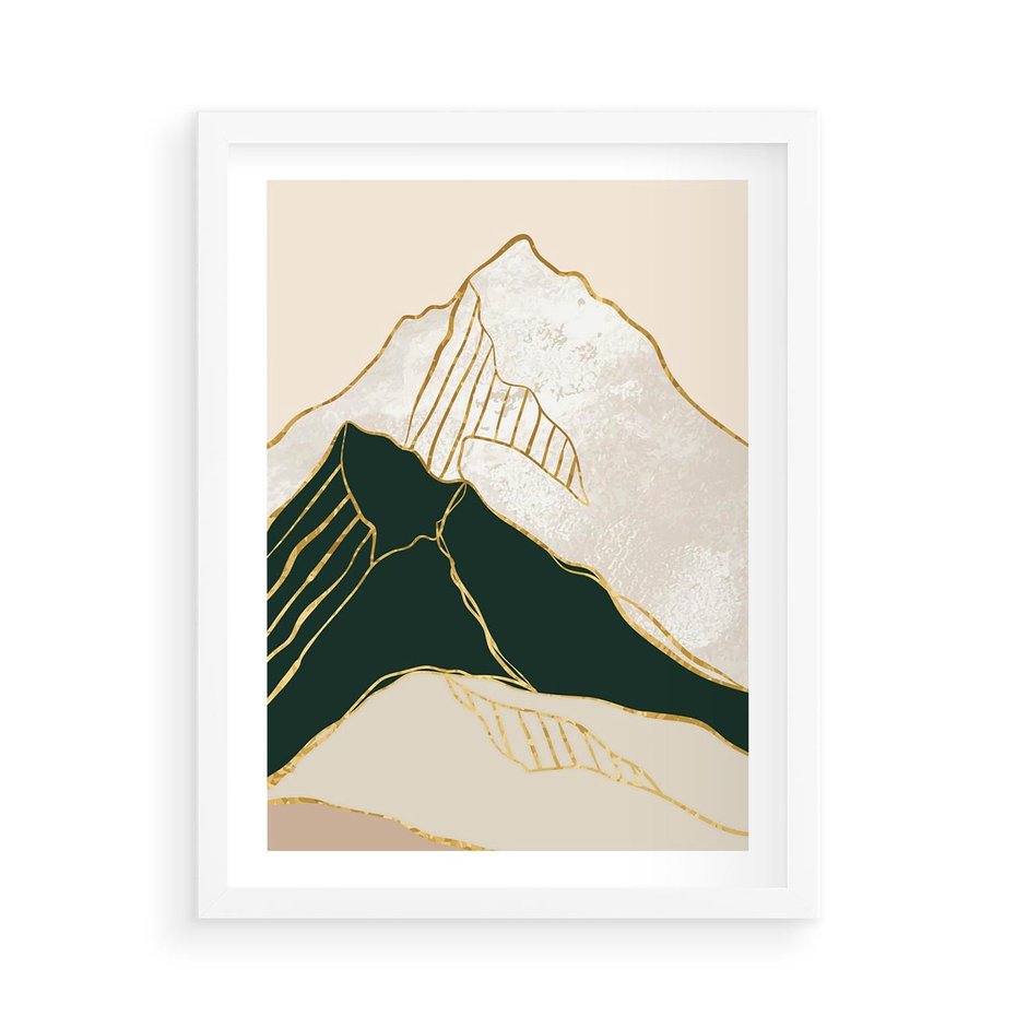 Plakat w ramie 50x70 - Minimalistyczne Góry: Złota Sztuka Natury - minimalistyczna grafika, góry - rama biała
