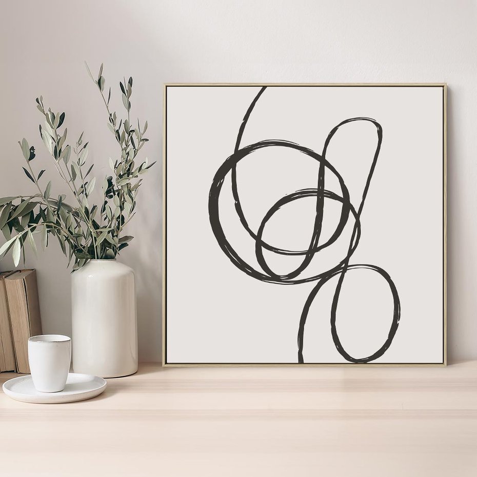 Obraz w ramie 50x50 - Migotliwa Kreatywność - abstrakcyjne szkicowane linie, minimalizm - rama drewno