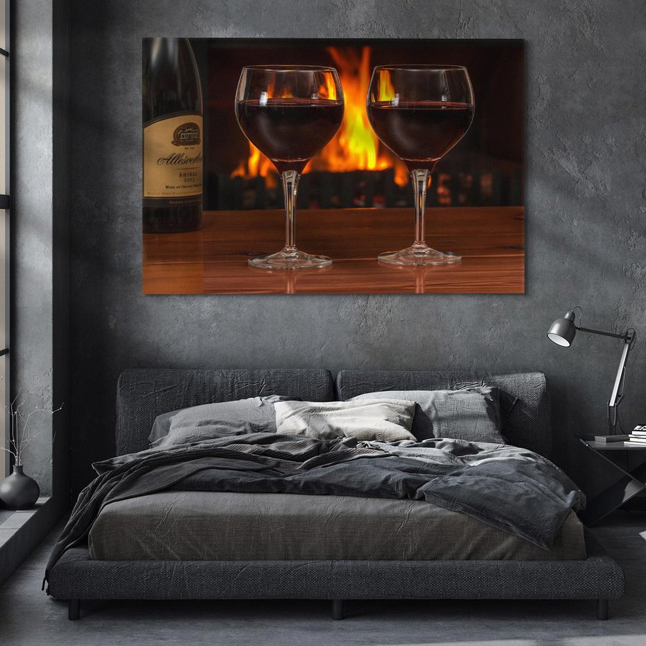 Obraz na płótnie 70x50 - Wino, Kieliszki, Kominek - Wieczór Pełen Relaksu - wino, kieliszki