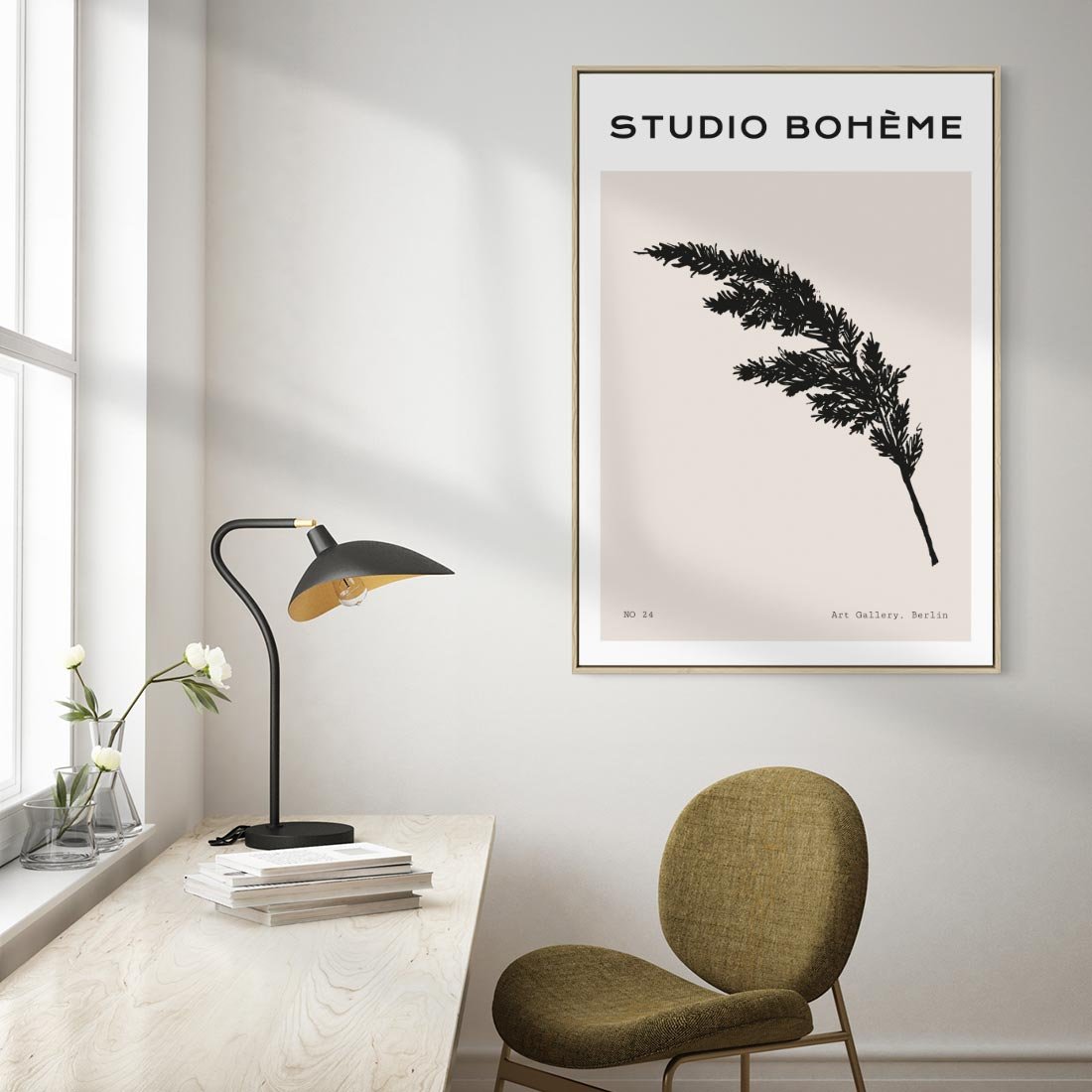 Obraz w ramie 80x120 - Boho Refrakcje Przestrzeni - boho plakat, roślina - rama drewno