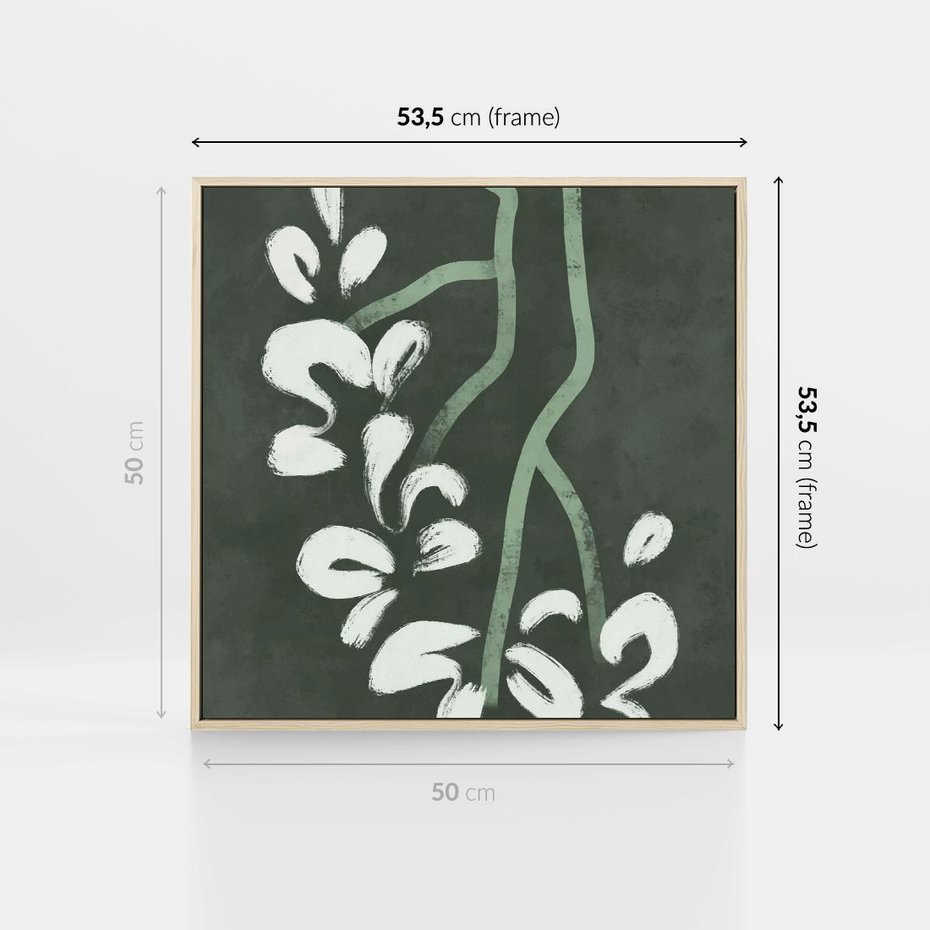 Obraz w ramie 50x50 - Rozkwitające Zielone Gałęzie - abstrakcyjne delikatne zielone linie, podobne do gałęzi kwiatów - rama drewno