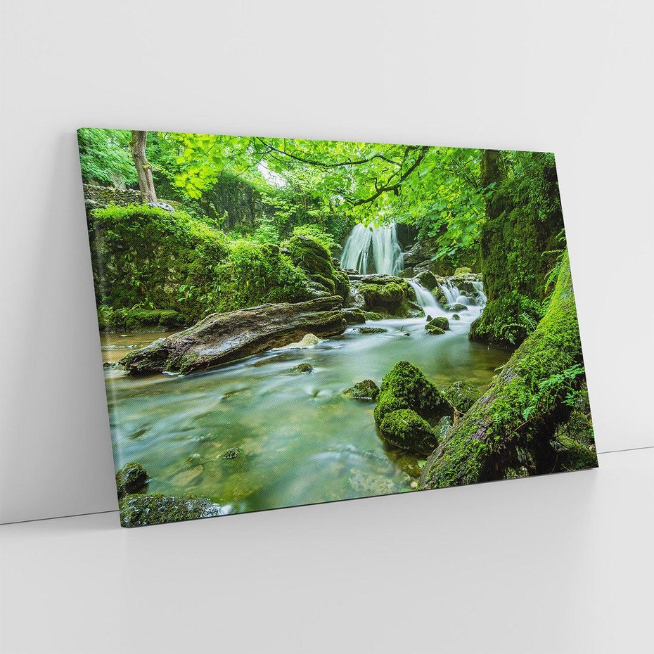 Obraz na płótnie 120x80 - Las przy rzece: potężny wodospad - las, rzeka