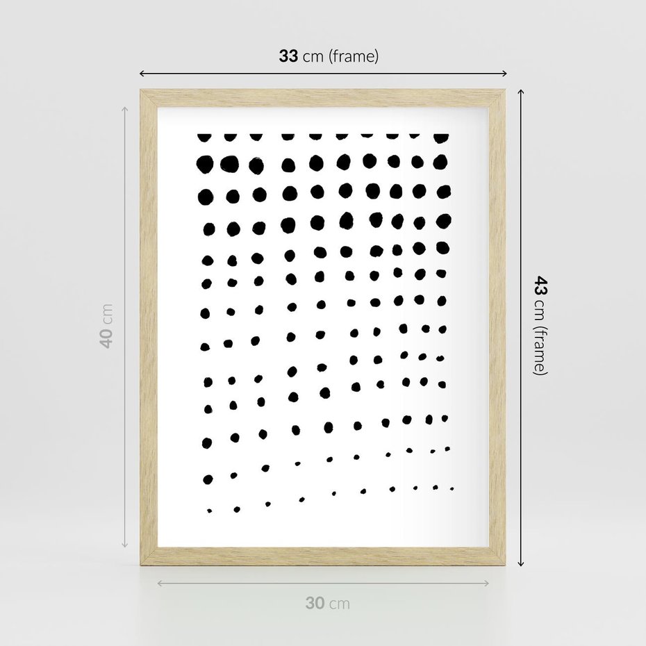 Plakat w ramie 30x40 - Abstrakcyjna Transformacja - abstrakcyjna kompozycja z czarnych kropek, minimalistyczny czarno bialy plakat - rama drewno
