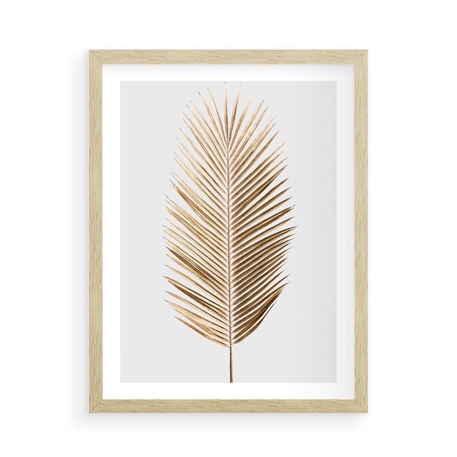 Plakat w ramie 50x70 - Złoty blask palmowego liścia - złota, palma - rama drewno