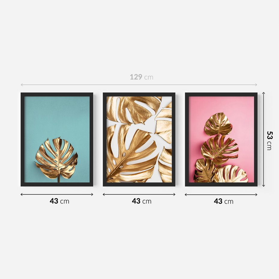 Zestaw obrazy w ramie 40x50 galeria - Złota, monstera, pastele - rama czarna
