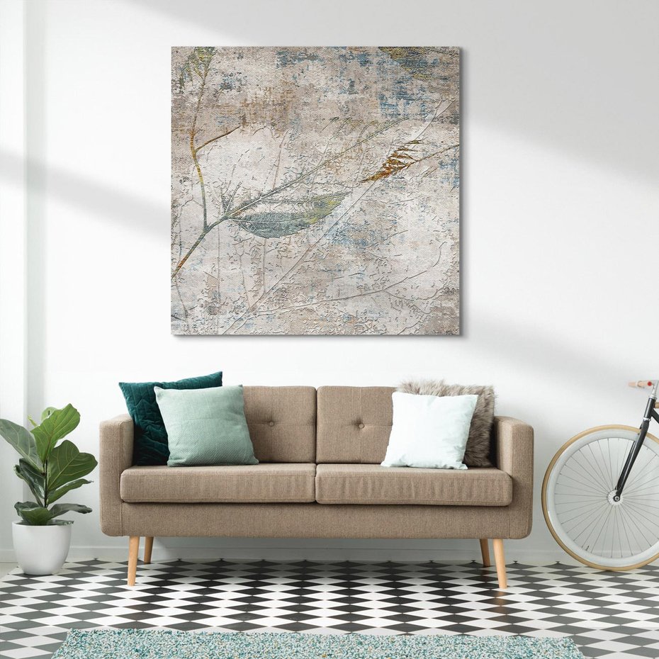 Obraz na płótnie 40x40 - Betonowe Wspomnienia Liści - odciski w betonie, odbitki