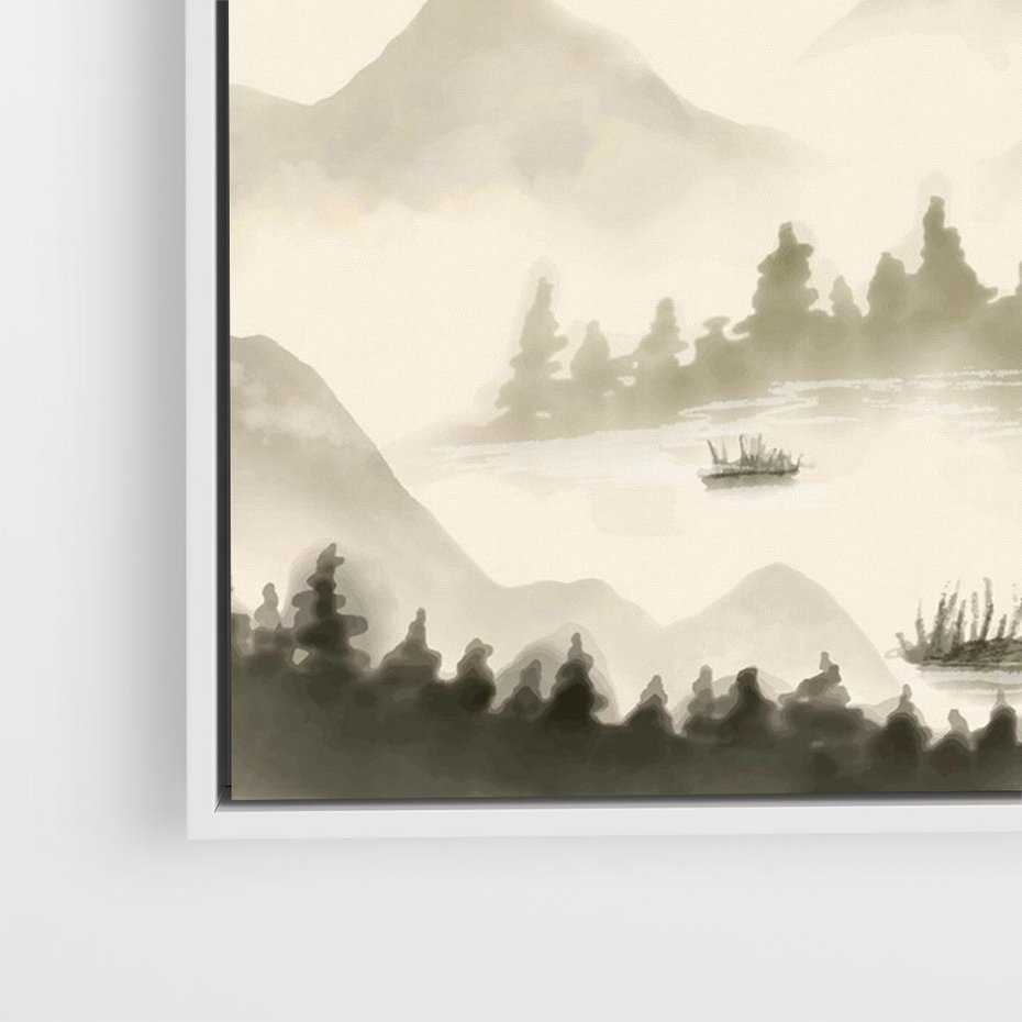 Obraz w ramie 70x50 - Przyroda Japonii - japońska akwarela, góry - rama biała