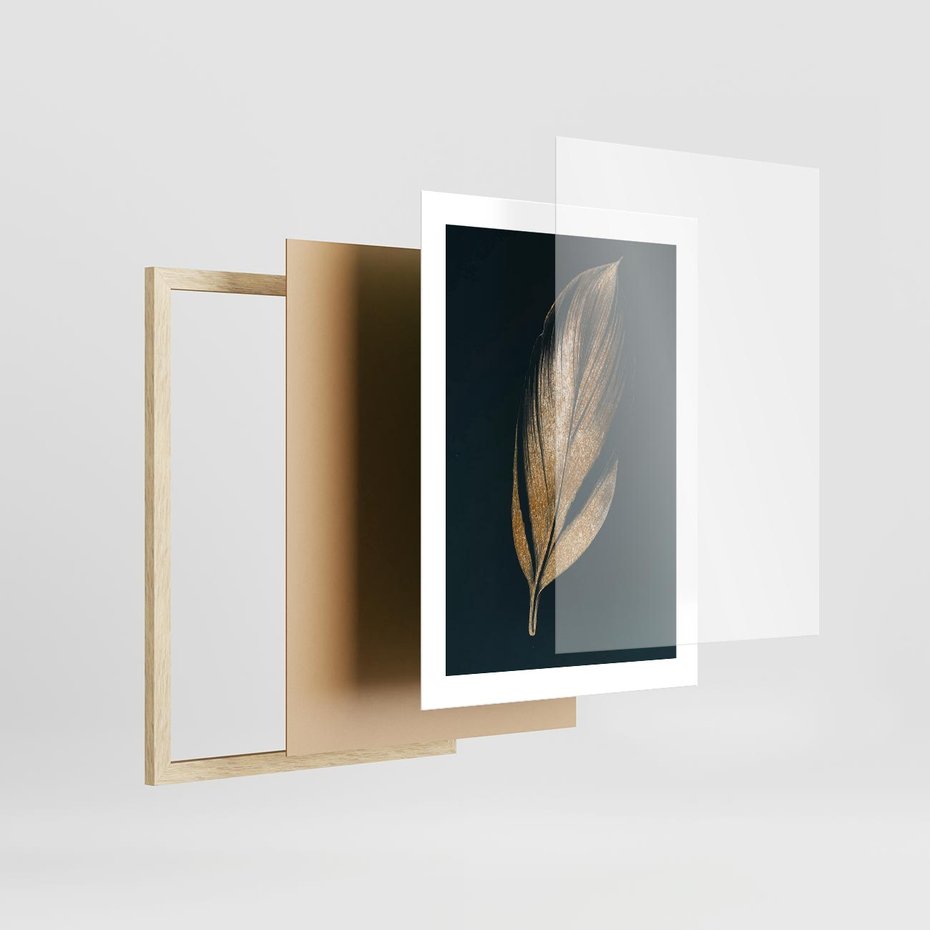 Plakat w ramie 30x40 - Mroczne Złoto - nowoczesna grafika, złoty liść na czarnym tle - rama drewno