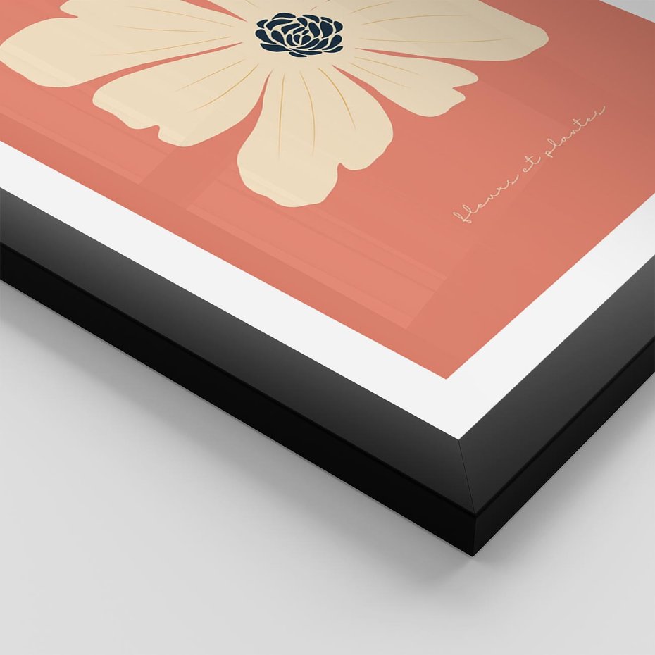 Plakat w ramie 30x40 - Malowane Kolorowe Echa - minimalistyczna grafika, biały kwiat na różowym tle - rama czarna