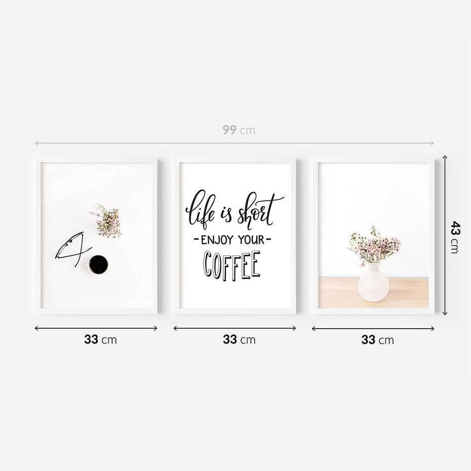 Zestaw obrazy w ramie 30x40 galeria - Kawa, kwiaty, minimalizm - rama biała