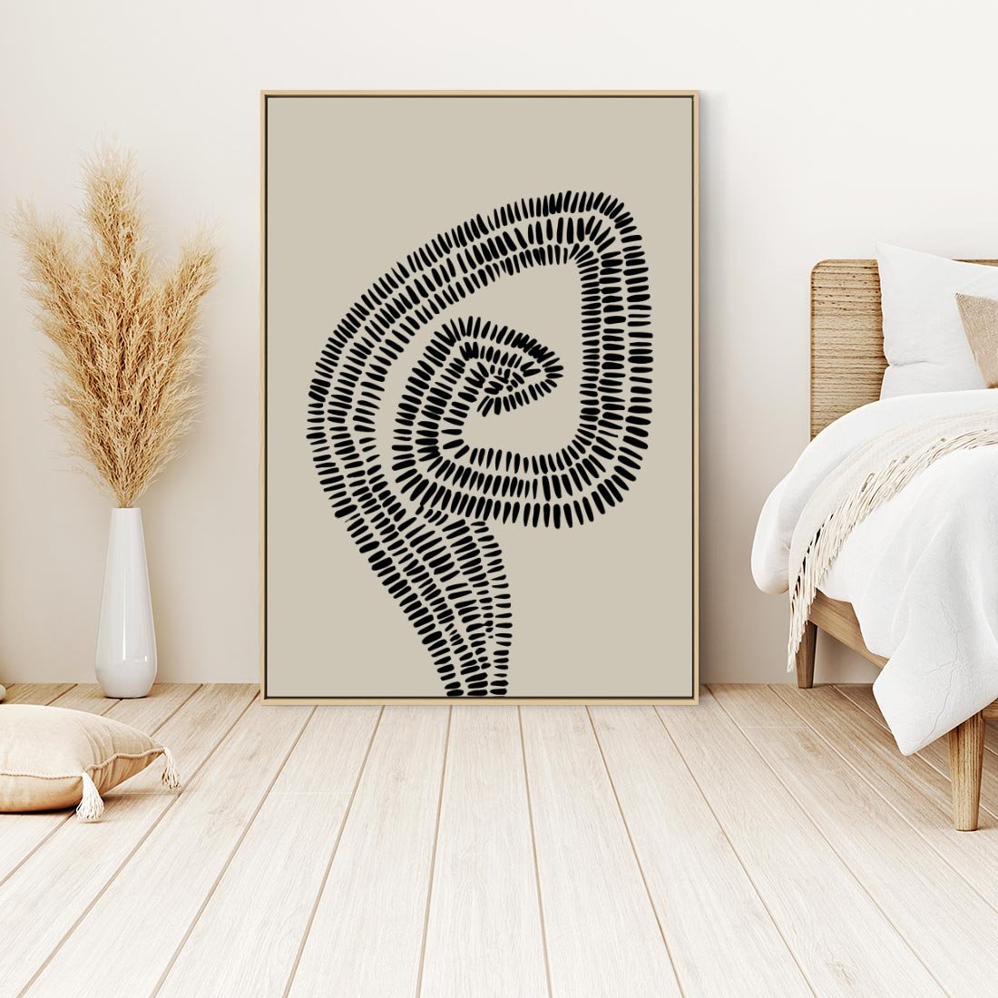Obraz w ramie 80x120 - Nowoczesne Spektrum Wyobraźni - boho plakat, czarne kropki kreski - rama drewno