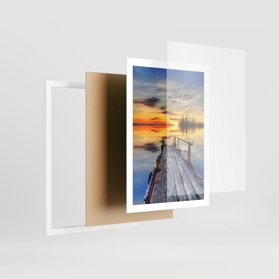 Plakat w ramie 50x70 - Zachód słońca na pomostach - zachód, słońca - rama biała