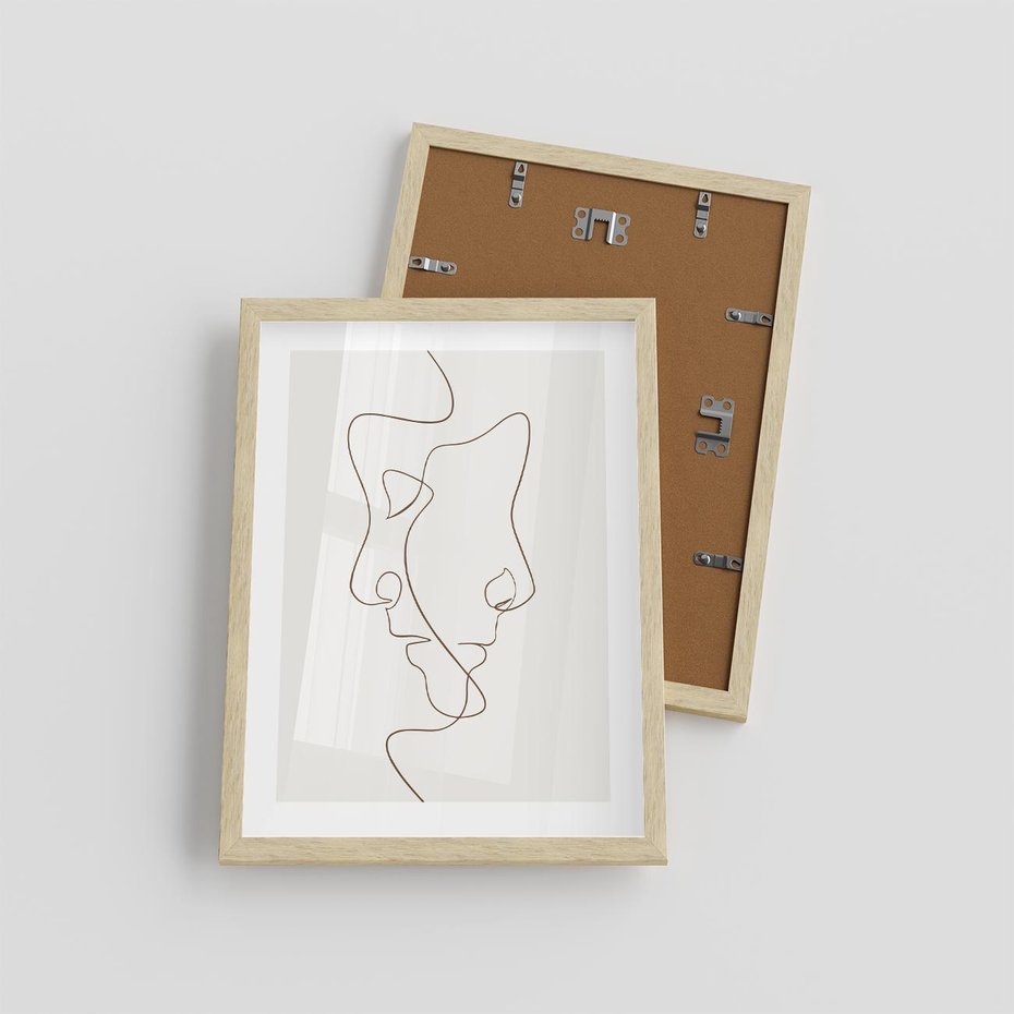 Plakat w ramie 30x40 - Jedna Linia, Dwie Twarze - minimalistyczny plakat, dwie twarze - rama drewno