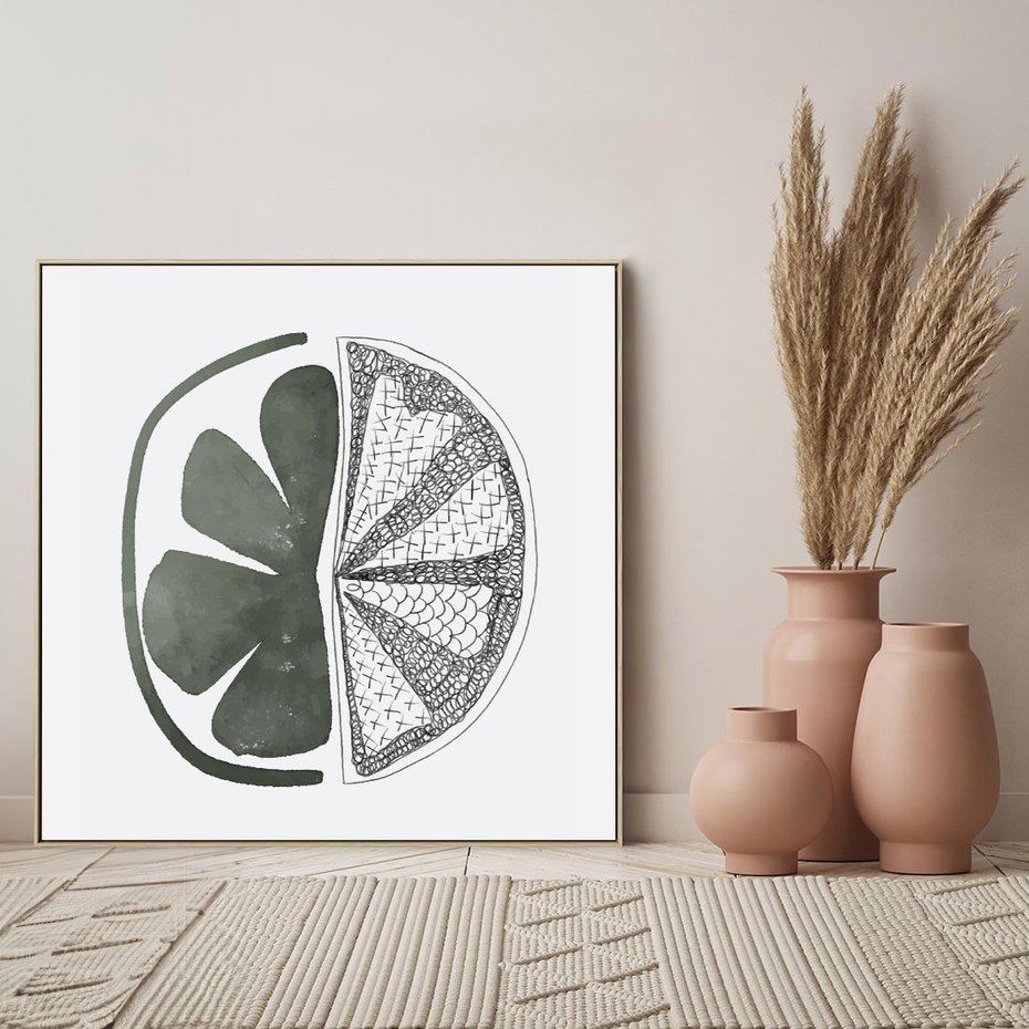 Obraz w ramie 80x80 - Cytrynowe Echo - minimalistyczny plakat, cytryna - rama drewno