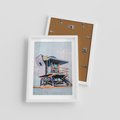 Plakat w ramie 30x40 - Plażowa Kolorystyka: Budka Ratownika w Pastelach - pastelowa budka ratownika, plaża Miami - rama biała
