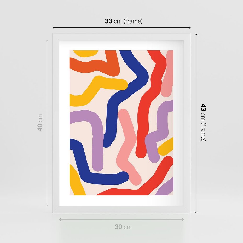 Plakat w ramie 30x40 - Abstrakcyjne Dialogi - abstrakcyjny kolorowy obraz, kolorowe linie - rama biała