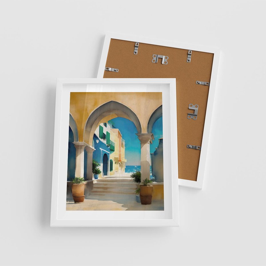 Plakat w ramie 40x50 - Nadmorskie Łuki - akwarela, śródziemnomorski klimat - rama biała