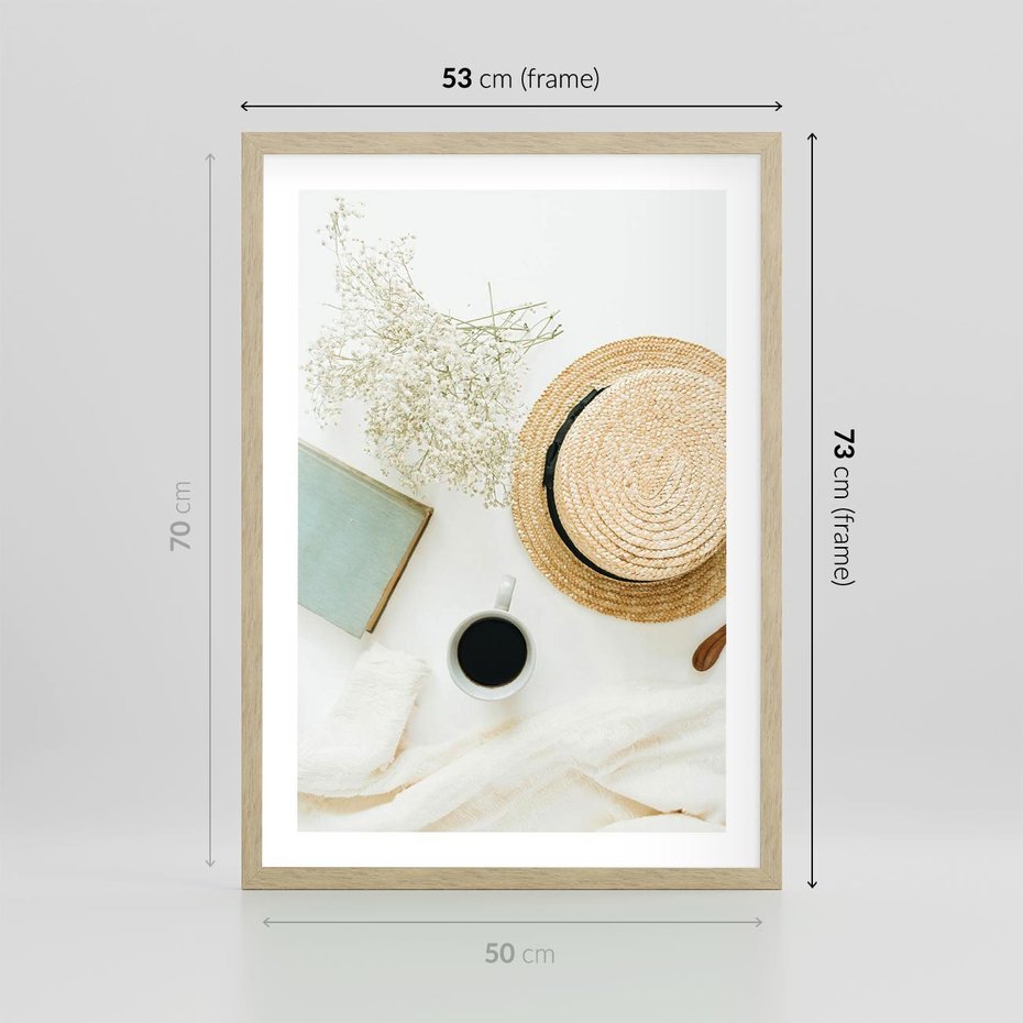 Plakat w ramie 50x70 - Boho Urok - kompozycja boho, slomkowy kapelusz - rama drewno