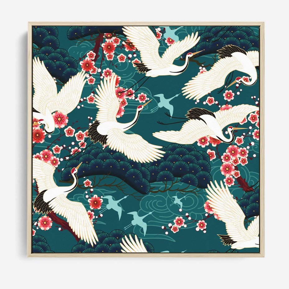Obraz w ramie 50x50 - Żurawie Wachlarze - orientalne japońskie żurawie, grafika - rama drewno