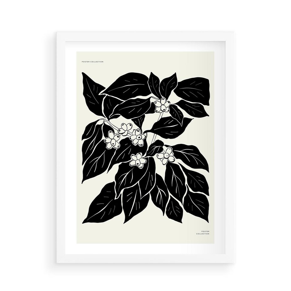 Plakat w ramie 50x70 - Ruchome szkicowe odbicia - czarno biała grafika, roślinność - rama biała