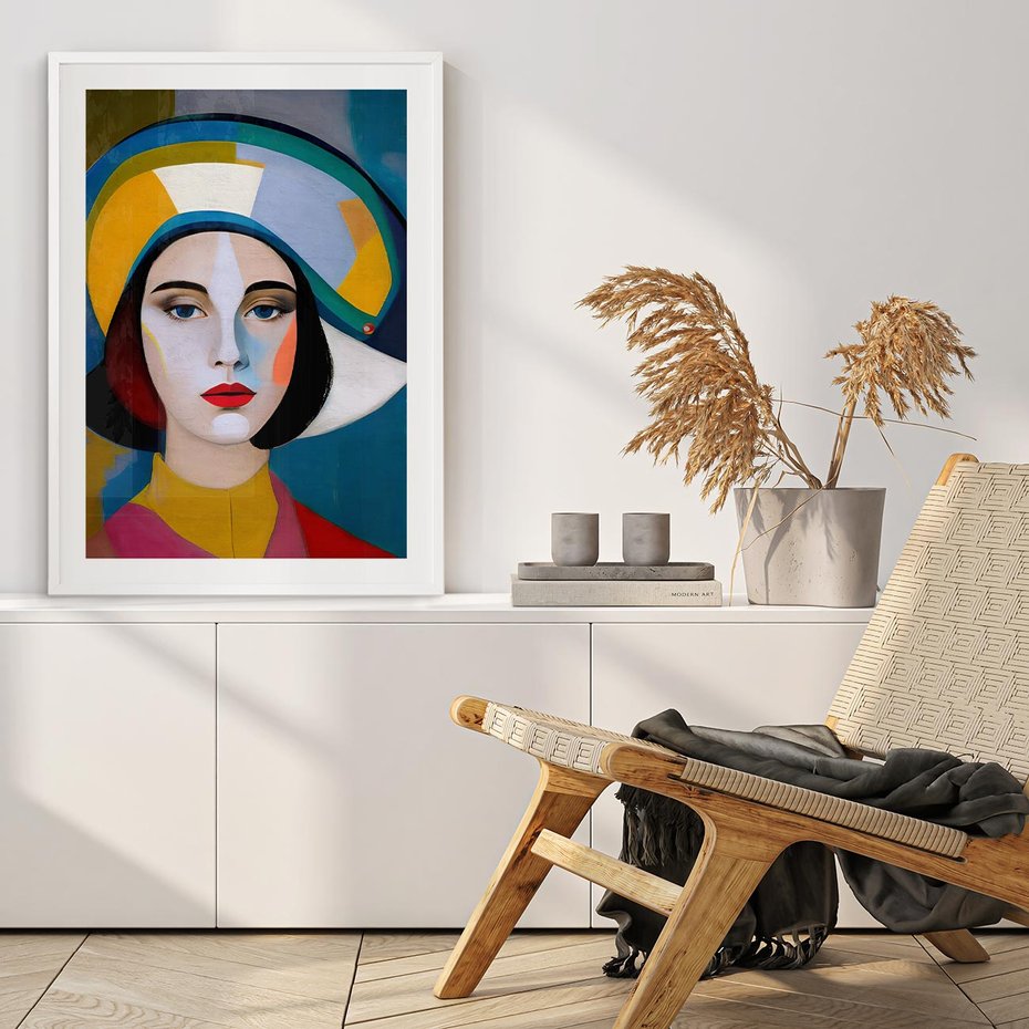 Plakat w ramie 30x40 - Kształtujące Widzenia - abstrakcyjny obraz olejny, portret twarzy kobiety - rama biała