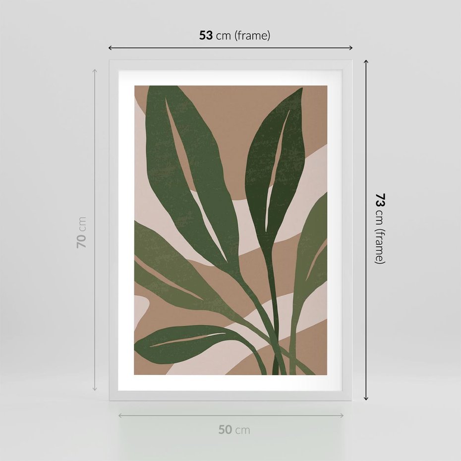 Plakat w ramie 50x70 - Nowoczesność Natury: Plakat z Zielonymi Liśćmi - nowoczesny plakat, beż - rama biała