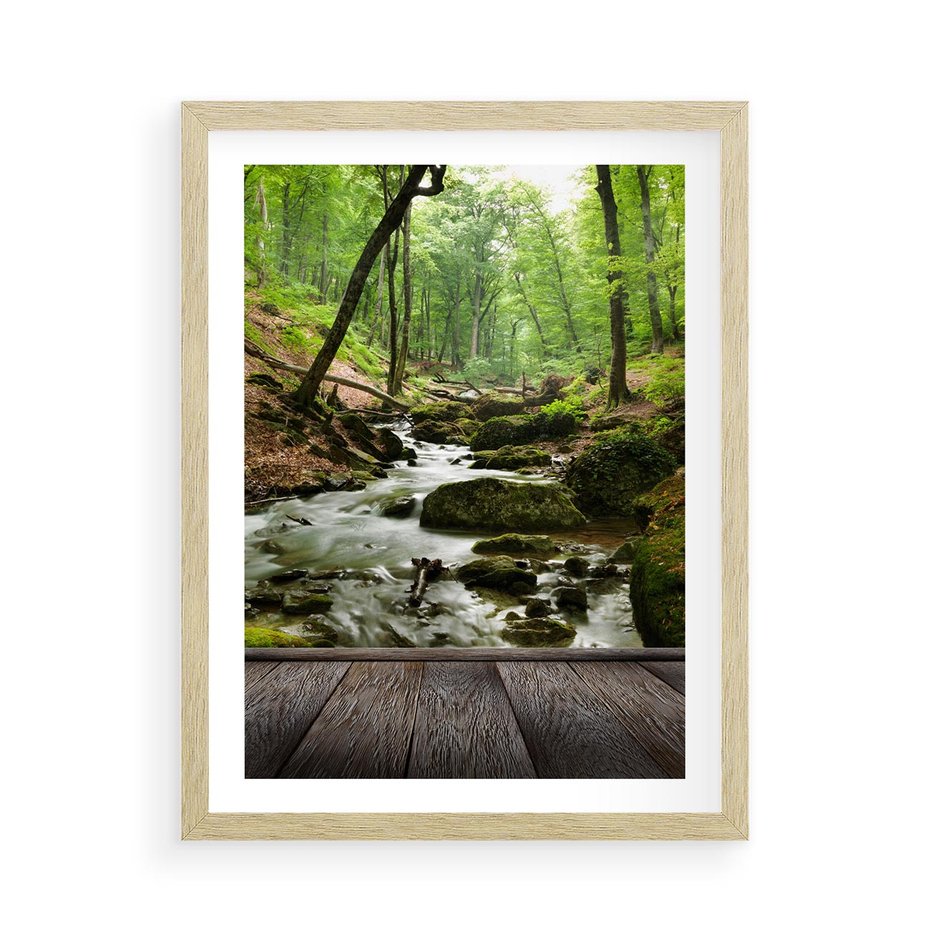 Plakat w ramie 50x70 - Strumyk w lesie - strumyk, w lesie - rama drewno
