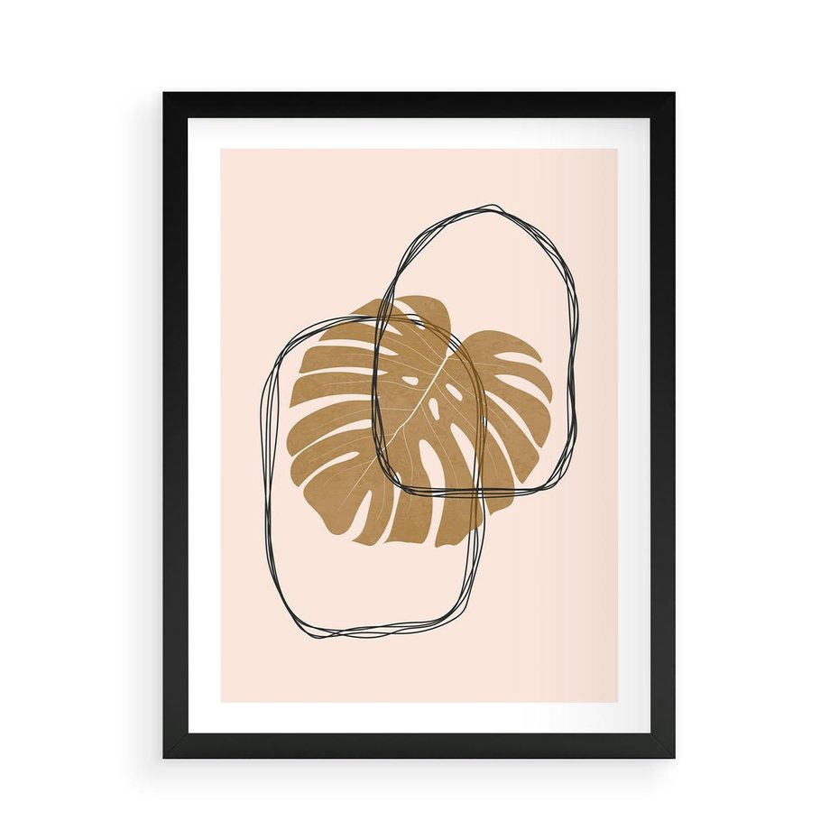 Plakat w ramie 50x70 - Liście w Beżowym Minimalizmie - minimalistyczny obraz, liście monstery - rama czarna