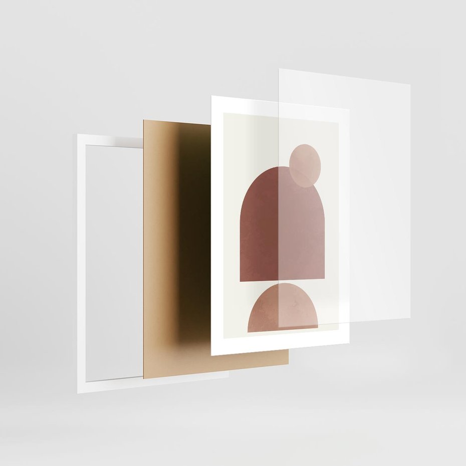 Plakat w ramie 30x40 - Rozkwitające Odbicia - abstrakcyjne geometryczne kształty, odcienie brązu i beżu - rama biała