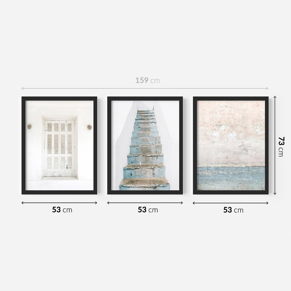 Zestaw obrazy w ramie 50x70 galeria - Turkus, Grecja, schody, okiennice - rama czarna