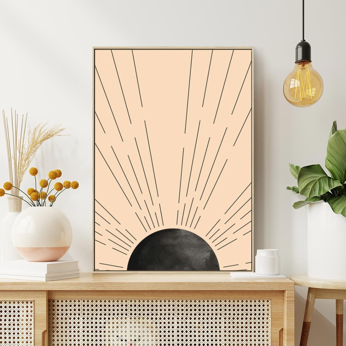 Obraz w ramie 80x120 - Migocące Kształty Promieni - boho czarne słońce, nowoczesna grafika - rama drewno