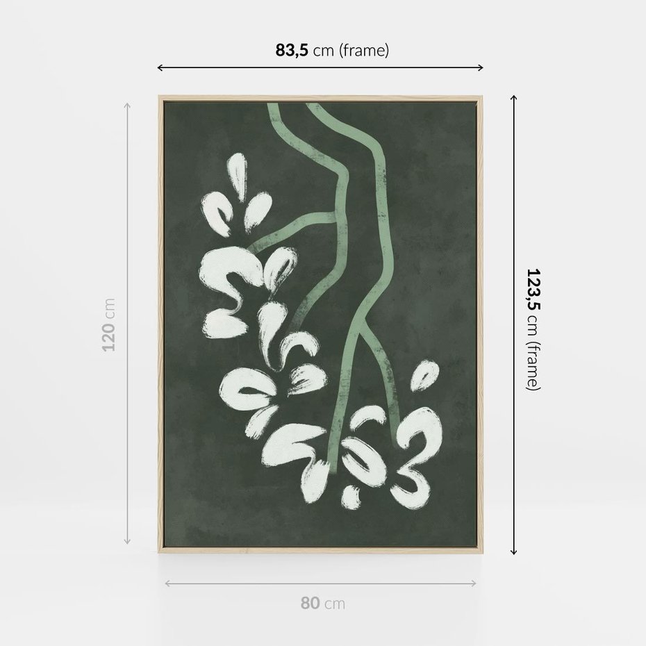Obraz w ramie 80x120 - Rozkwitające Zielone Gałęzie - abstrakcyjne delikatne zielone linie, podobne do gałęzi kwiatów - rama drewno