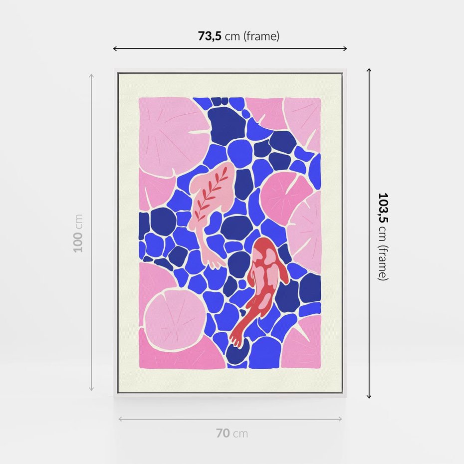 Obraz w ramie 70x100 - Rzeka Abstrakcji - abstrakcyjna kompozycja, różowe ryby wśród rafy - rama biała