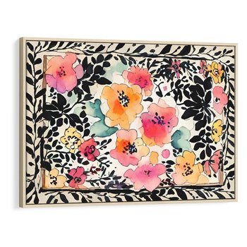 Obraz w ramie 70x50 - Opowieść w kroplach farb - akwarelowe kwiaty, mocna ornamentowa czarna ramka namalowana dookoła obrazu - rama drewno