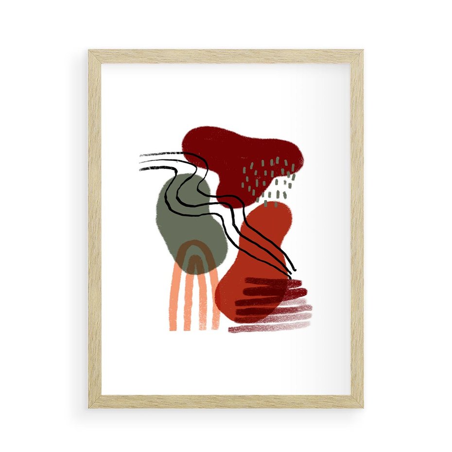 Plakat w ramie 50x70 - Boho Przenikanie - abstrakcyjna sztuka, boho kształty - rama drewno