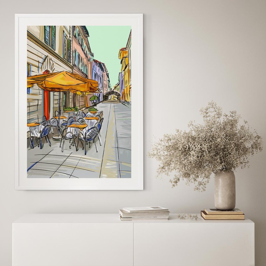 Plakat w ramie 30x40 - Kawiarenkowy Szkic - malowany, szkic - rama biała