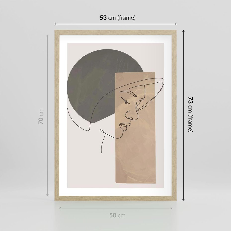 Plakat w ramie 50x70 - Jedną Linią: Kobieca Twarz - abstrakcja, plamy w tle - rama drewno