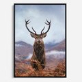 Obraz w ramie 50x70 - Jeleń w Uśpionym Krajobrazie - jeleń na tle gór, ośnieżone góry - rama czarna