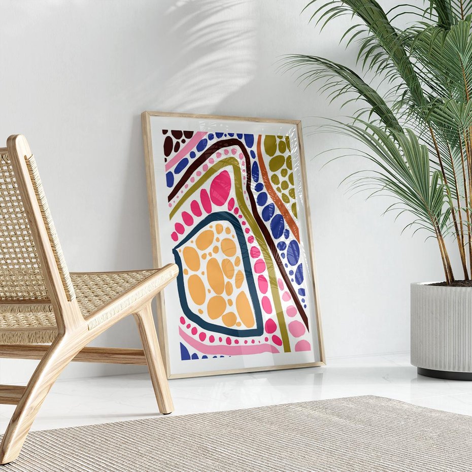 Plakat w ramie 30x40 - Migocące Tęczowe Widzenia - kolorowe wzory, tęczowe żywe kolory - rama drewno