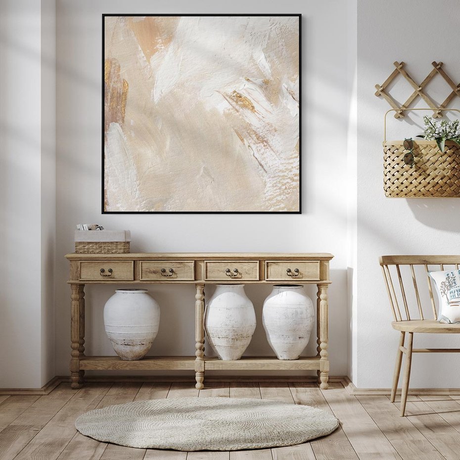 Obraz w ramie 50x50 - Elegancja w Złocistym Chaosie - złoto beż, abstrakcja - rama czarna