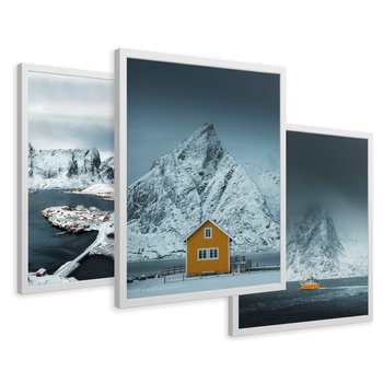 Zestaw obrazy w ramie 40x50 galeria - Norwegia, skandynawski, domek, góry - rama biała