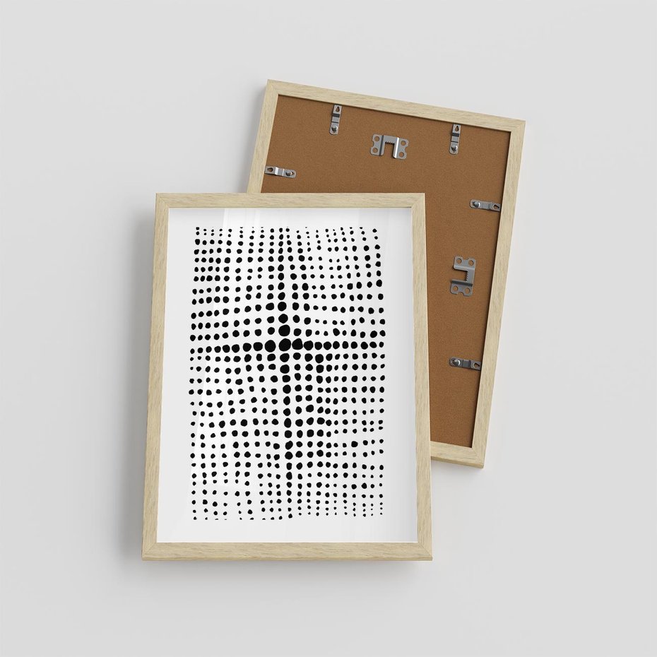 Plakat w ramie 30x40 - Refleksje Monochromatycznych Widoków - abstrakcyjna kompozycja z czarnych kropek, minimalistyczny czarno bialy plakat - rama drewno