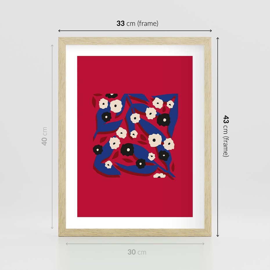 Plakat w ramie 30x40 - Kolorowe Przenikanie - abstrakcyjna kwiatowa kompozycja, czerwone mocne tło - rama drewno