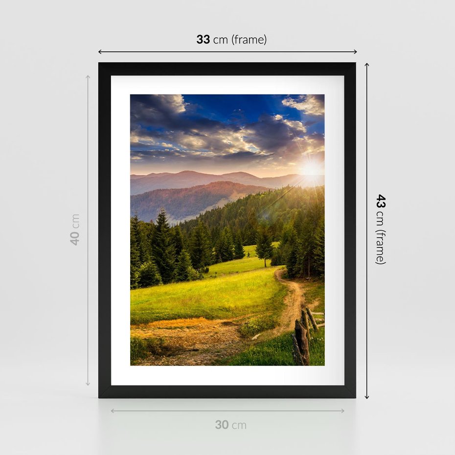 Plakat w ramie 30x40 - Zachód słońca na łące - zachód, łąka - rama czarna