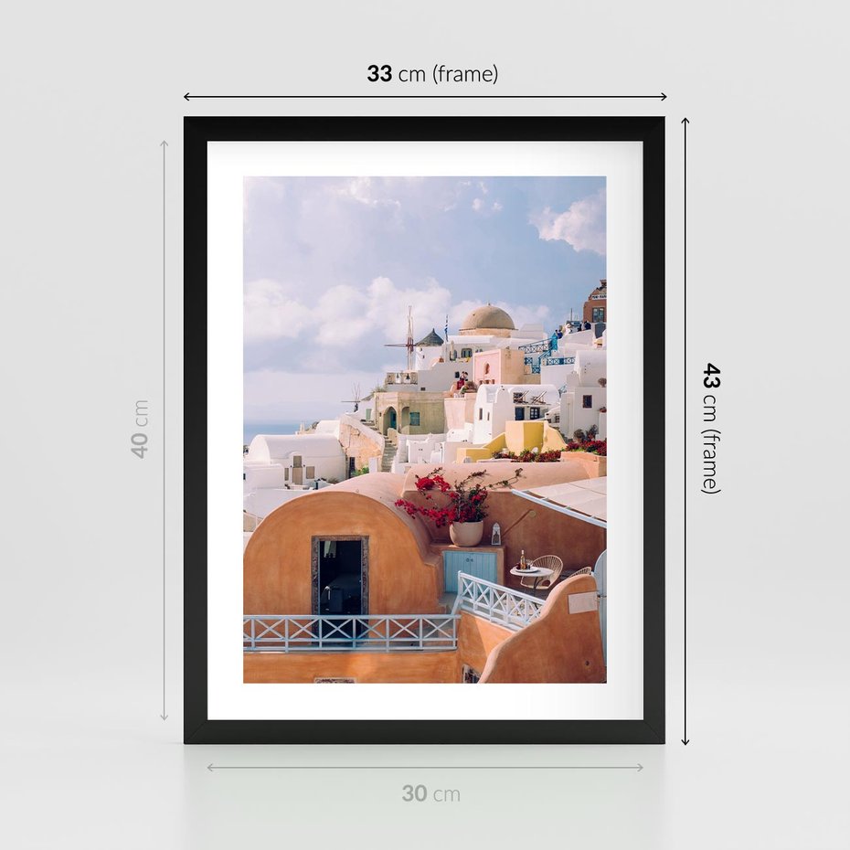 Plakat w ramie 30x40 - Błękit Morza i Białe Domki - Santorini, wyspa - rama czarna