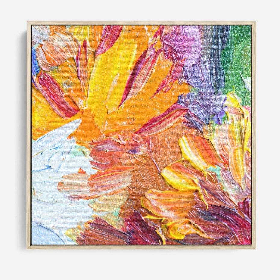 Obraz w ramie 80x80 - Kwiatowe Harmonie - zbliżenie na obraz olejny, gruba warstwa farby - rama drewno